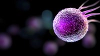 Purple glowing cell with detailed membrane structure and extending filaments on dark background with bokeh effect, scientific visualization for medical research.
