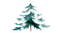 Watercolor pine tree with layered branches in teal and white tones, showing delicate brush strokes and transparent effects on white background, isolated for design use.