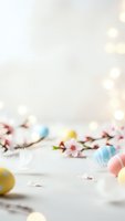 Easter eggs and cherry blossoms on white wooden surface with warm bokeh lights creating festive spring holiday atmosphere for seasonal celebrations.