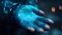 Glowing blue magical particles floating above open palm in dark setting with bokeh lights, creating mystical ethereal atmosphere for fantasy concepts.
