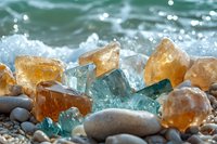 Glowing amber and blue sea glass pieces scattered among smooth pebbles on beach shore with splashing waves and sparkling water droplets in sunlight.