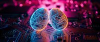 Glowing neon brain on circuit board with pink and blue lighting, representing artificial intelligence, neural networks, and digital technology innovation.