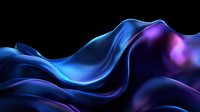 Flowing abstract waves in vibrant blue and purple colors create dynamic motion against black background, featuring smooth curves and glossy reflective surfaces.