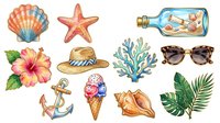 Tropical beach vacation elements including seashell, starfish, bottle with sand, hibiscus flower, straw hat, sunglasses, anchor, ice cream cone, coral and palm leaves. Isolated clipart for summer designs.