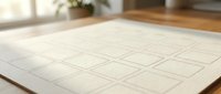 Blank white label sheet with grid of empty sticker squares on wooden desk in bright office setting, ready for printing and organization.