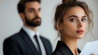 Young professional woman in business attire reviewing documents with male colleague in office setting, portraying leadership and workplace collaboration in corporate environment.