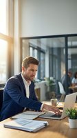 Focused businessman working on laptop in modern office space with natural lighting and glass partitions for productivity and corporate success.