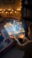Child reading magical glowing book with fairy tale castles and sparkles floating above pages in cozy bedroom with warm string lights creating enchanting atmosphere.