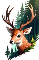 Adorable deer portrait with large antlers in forest setting, perfect for children's book illustration, greeting cards, and nature-themed designs. Digital art style with whimsical forest background.