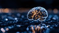 Glowing digital brain with neural network connections floating over reflective dark surface against blurred lights background, representing artificial intelligence.