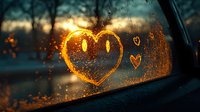 Heart drawn on foggy car window glass with warm sunset light creating romantic atmosphere for love and relationship concepts.