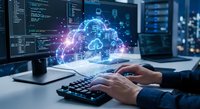 Professional working on cloud computing technology with holographic interface displaying network connections and data visualization in modern server room.