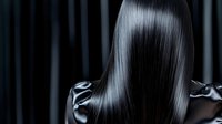 Silky smooth straight black hair flowing down woman's back against dark background, showcasing healthy shine and professional hair care treatment results.