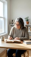 Mature woman with gray hair and glasses writing in journal at wooden desk by bright window in minimalist home office with potted plant and bookshelf.