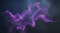 Purple digital octopus with glowing particles and tentacles floating in dark space for futuristic marine life concepts and technology designs.