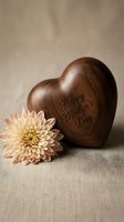 Wooden heart with Happy Mother's Day engraving and pink chrysanthemum flower on beige linen background for greeting cards and gifts.