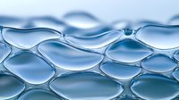 Macro view of transparent liquid bubbles forming abstract geometric pattern in blue tones. Clean water surface creates organic cellular structure with light refraction.