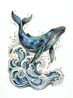 Whale leaping from ornamental ocean waves with gold accents, isolated on white background. Suitable for t-shirt design, wall art, and decorative prints.