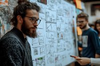 Young bearded man with glasses analyzing architectural plans on wall while colleagues discuss project in background.