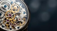Luxury mechanical watch movement with exposed gears and jewels showcasing intricate clockwork craftsmanship and precision engineering on dark background.