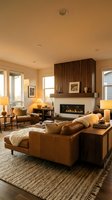 Warm contemporary living room with cognac leather sofa, linear fireplace, wood accent wall, and ambient lighting for interior design and home decor projects.