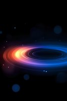 Colorful spiral galaxy with glowing rings in orange, purple and blue hues against dark space background, creating mesmerizing cosmic light trails effect.
