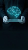 Medical professional holding tablet displaying glowing cyan brain hologram for neurology research and digital healthcare technology applications.