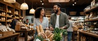 Young couple shopping together in organic grocery store, holding fresh vegetables and bread, browsing sustainable products for healthy lifestyle and meal planning.