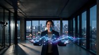 Young Asian businesswoman in modern office manipulating glowing blue digital network connections with city skyline at dusk creating futuristic technology concept.