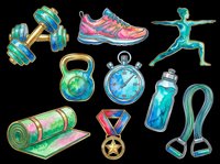 Colorful fitness and sports equipment collection isolated on transparent background. Includes dumbbells, running shoes, yoga pose figure, kettlebell, stopwatch, water bottle, yoga mat, medal, and jump rope. Ready for t-shirt design, clipart, stickers, and print-on-demand projects.