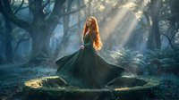Young redhead woman in flowing green dress dancing in mystical forest with dramatic sunbeams filtering through trees creating magical atmosphere for fantasy storytelling.