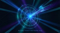 Futuristic digital network sphere with glowing blue energy beams radiating outward on dark background for technology and sci-fi design projects.