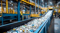 Conveyor belt with mixed plastic waste at recycling facility. Industrial sorting line moves recyclable materials through modern waste management plant.