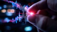 Fingers touching glowing digital particles creating futuristic connection effect with pink and blue light scatter on dark background, technology concept.