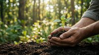 Hands of adult male planting young seedling in rich soil with forest background, suitable for environmental conservation, sustainability, and gardening projects.