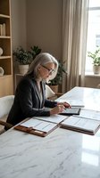 Senior woman with gray hair and glasses working at marble desk with tablet and documents in bright modern office space.