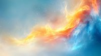 Vibrant cosmic nebula with swirling orange flames and blue ethereal clouds against soft gradient sky background creates dramatic celestial atmosphere for space designs.