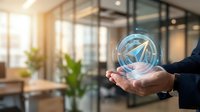 Businessman holding glowing compass hologram in modern office environment, symbolizing direction, navigation, and strategic business guidance for corporate solutions.