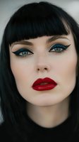 Close-up portrait of a young woman with black hair, dramatic blue winged eyeliner, red lipstick, and natural freckles against neutral background, suitable for beauty advertising.