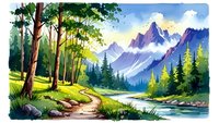 Mountain landscape with winding path through forest, lake and snow-capped peaks. Nature scene for outdoor adventure and travel designs.