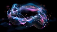 Ethereal glowing waves with pink and blue light trails floating in dark space, sparkling particles creating magical atmospheric effect against black background.