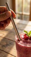 Hand holding stainless steel reusable straw in raspberry smoothie drink with mint garnish, sustainable beverage accessory for eco-friendly lifestyle and zero waste dining.