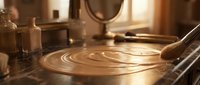 Latte art pouring into coffee cup with warm golden lighting, barista creating decorative foam pattern on espresso beverage for café or coffee shop use.