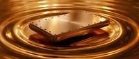 Golden metallic smartphone floating in swirling liquid gold waves with warm lighting effects for luxury technology and premium device concepts.