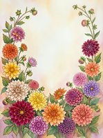 Watercolor dahlia floral border frame with colorful blooms in pink, purple, orange and yellow on soft beige background with copy space.