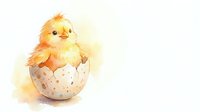Adorable fluffy yellow chick hatching from speckled eggshell on white background, perfect for Easter greeting cards and spring decorations.