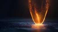 Glowing orange light beam hits dark surface creating particle dispersion effect with dramatic illumination and reflective ground texture. Suitable for sci-fi concepts.