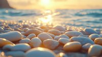Smooth pebbles on beach shore at golden sunset with gentle waves and sunlight reflection creating magical bokeh effect on wet stones surface.