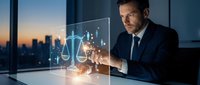 Professional businessman interacting with holographic justice scales interface in modern office during sunset, representing legal technology and digital law solutions.
