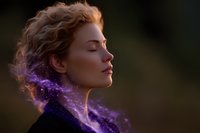 Young woman with closed eyes in profile view, magical purple cosmic dust and particles dissolving from neck, mystical fantasy portrait on dark background.
